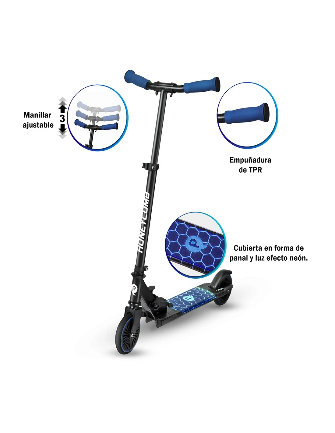 Patinete Honey Comb Scooter Con Luces Led Azul 4 Patinete Honey Comb Scooter Con Luces Led Azul - Imagen 2